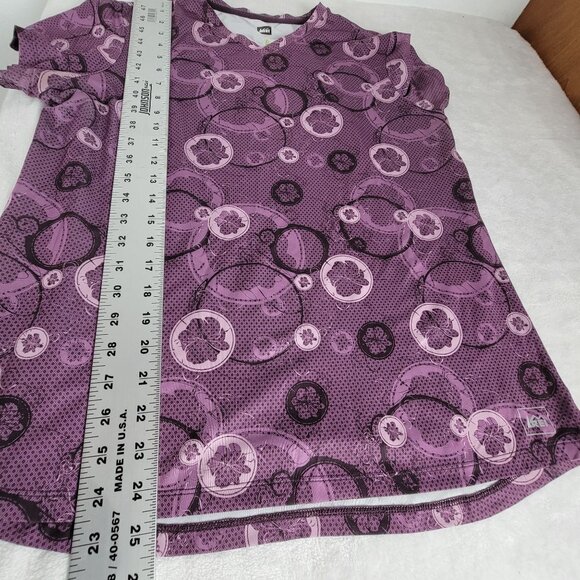 REI Women Purple Patterned Short Sleeve V-Neck Active Top T-Shirt Medium Stretch - Picture 6 of 6
